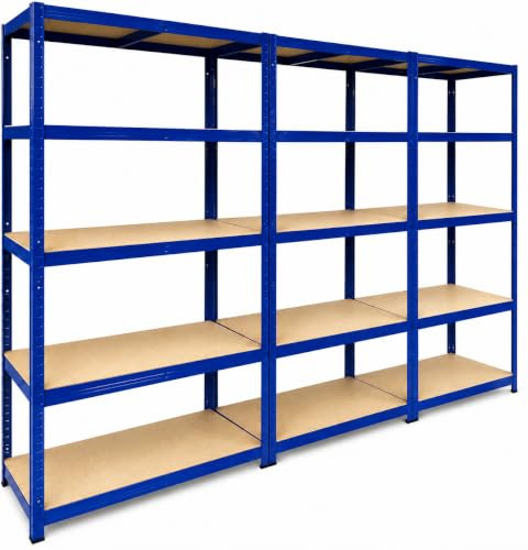 Racking Monkey 180x90x45cm | 3 Bay Garage Shelving Units | 200kg UDL Per Shelf (1000kg Per Bay) | Blue Storage Shelves | 5 Tier Workshop, Shed, Office | Metal & MDF Boltless