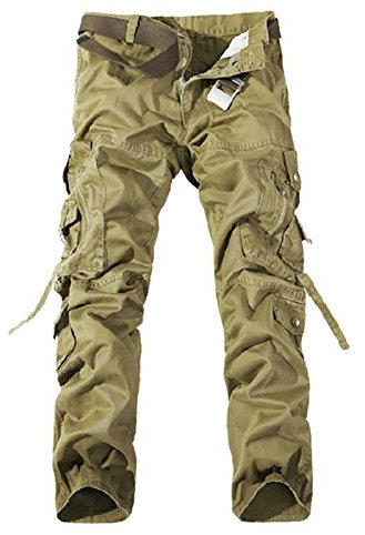 Elonglin Herren Jungen Cargo Hose Lange Einfarbig Freizeithosen Sport Multi Taschen Lose (ohne Gürtel) Khaki DE 38(Asie 40)