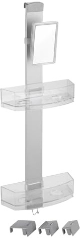 WENKO Duschcaddy Premium, Duschregal mit Antibeschlagspiegel, 2 Ablagen & Edelstahlhaken, einfaches Aufhängen an der Duschwand, Befestigung ohne bohren, aus Aluminium und Kunststoff, 25 x 71 x 10,5 cm