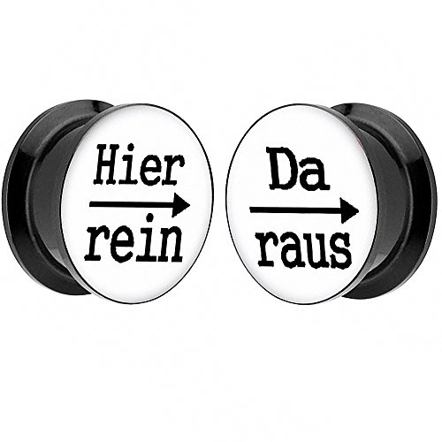Piersando 1 Paar 2er Set Ohr Plug Piercing Kunststoff Flesh Tunnel Ohrplug mit Hier rein Da Raus Spruch Schwarz Motiv Comic Picture
