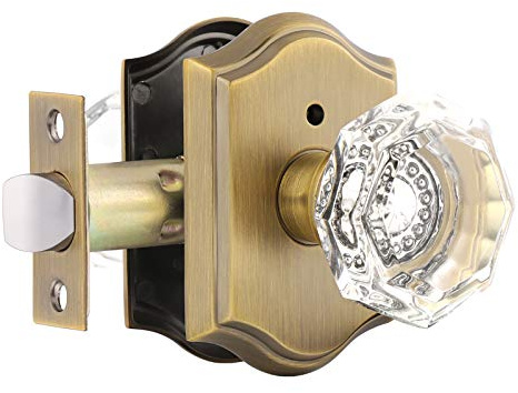 Gobrico Transparent Glass Door Knobset Interior,Privacy Diamond Crystal Door Lockset in Antique Brass,Keyless for Interior Bath/Bed,Push Pin Button Inside Lock?1 Pack