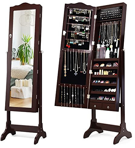 GOPLUS Schmuckschrank mit automatischer LED-Beleuchtung, abschleißbares Schmuckregal, mit Neigungsverstellbarem Spiegel, Viele Staummöglichkeit, stabil und einfache Montage, Geschenkidee (Braun)