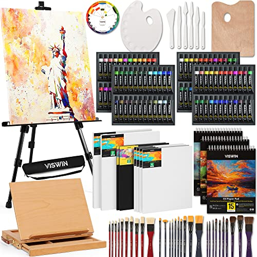 VISWIN 148 Pezzi Kit Pittura Super Deluxe con Cavalletto da Tavolo e da Campo, 96 Colori ad Olio, Acquerello e Acrilici, Tela, Pennello, Set Pittura Professionale per Adulti, Artista