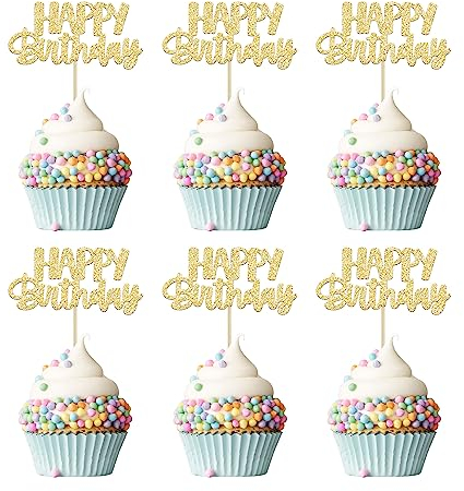 Gyufise 24Pcs Happy Birthday Cupcake Toppers Gold Glitter Celebrating Birthday Cake Picks Baby Shower Kids Birthday Party Decoration Supplies