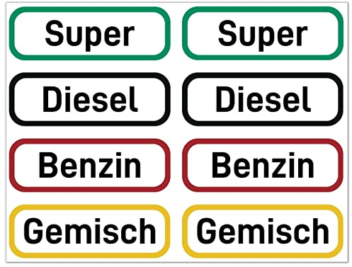 8 x Kraftstoff Aufkleber für Tankdeckel & Kanister Beschriftung (60x20 mm) | Benzin, Diesel, Super, Gemisch / Benzingemisch - Brennstoff Sticker für Auto, Motorrad, Kettensäge & Rasenmäher