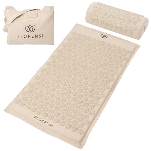 Florensi Juego de colchoneta y Almohada de acupresión, Juego de 3 Piezas, 100% Lino algodón con más de 8000 Picos duraderos sin BPA para aliviar el Dolor de Espalda, Dolor de Cabeza y relajación
