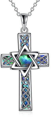 YFN Star of David Necklace Sterling Silver Celtic Cross Pendant Abalone Shell Jewish Jewelry Gifts for Women Men
