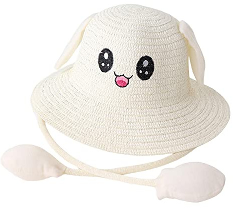 Amagogo Häschen-Strohhut-Kappen, Sonnenhut, faltbar, mit beweglichen Ohren, Strandhüte, tragbar, Fischerkappen, großer Traufhut für Frühling, kurze, Milchig weiß