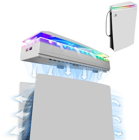 Raryars Console Cooling Fan with Dust Cover Colorful LED Light for PS5 Console Disc Edition & Digital Edition Silent Absorb Fan Cooler with 2 USB Port Playstation 5 Cooling System