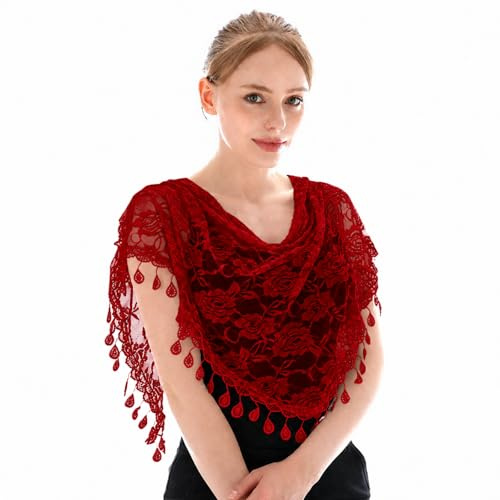 MAIRY Schal Damen Spitzen Halstuch Dreieck-Schal mit Fransen Winterschal Herbstschal Kopftuch Mode Seidenschal Elegant Damen-Schal Seidentuch DE148008