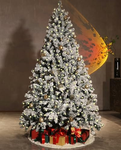 Asinse 7ft Pre-Lit Snow Flocked Christmas Tree with 450 Chasing Warm LED Lights - Premium Artificial Spruce Hinged Xmas Tree with 1080 Branch Tips, for Home Office Party Decoration