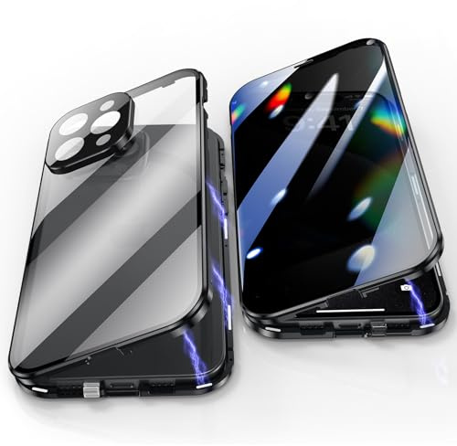 Jonwelsy Anti Peeping Hülle für iPhone 15 Pro, 360 Grad Schutz Case, Privatsphäre Gehärtetes Glas Anti-Spähen Cover, Stark Magnetische Adsorption Metallrahmen Handyhülle für iPhone 15 Pro (Schwarz)