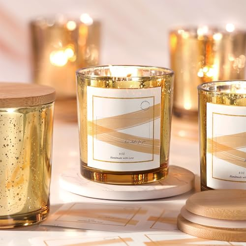 LAMORGIFT Paquete de 15 tarros de cristal para velas con tapas (8 onzas, dorado) – Recipientes vacíos para velas – Tarros de vela de vidrio de mercurio para hacer velas – 20 etiquetas de velas,
