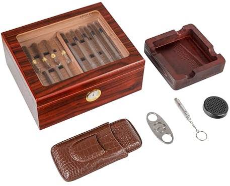 Premium Cigar Humidor & Accessories Kit - Handcrafted Cedar Wood Humidor Box with Hygrometer, Cigar Travel Case, Cigar Ashtray, Cigar Cutter, Cigar Punch - Holds 30-50 Cigars - Cuban Cigars Gift Set