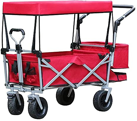 CRBUDY Handwagen, G-Arden Trolley, 4 Räder, Faltbarer Wagen, 100 kg Schwerer Handwagen, Kinderwagen, Transport im Freien, Strand, lockerer Boden, abnehmbares Verdeck/Schwarz (Rot)