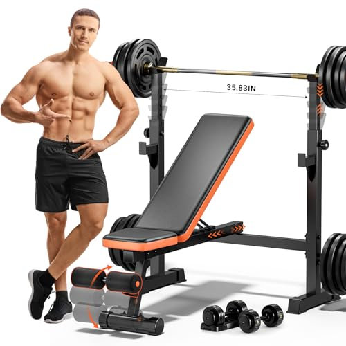 Fostoy 770lbs Weight Bench Set with Squat Rack, 5 in 1 Adjustable Workout Bench Press With Removable Leg Developer, Flat Incline Sit Up Benches for Home Gym Full Body Strength Training