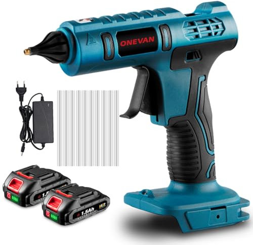 ONEVAN Pistola per colla a caldo senza fili, batteria da 12 g/min, riscaldamento rapido, 60 secondi, senza fili, con 10 stick di colla da 11 mm, per fai da te, riparazioni (2 batterie da 2,0 Ah