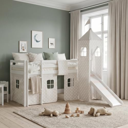 Homestyle4u Hochbett 90x200 Weiß - Kinderbett mit Rutsche & Turm | Massives Kiefernholz Spielbett mit Lattenrost, Vorhang, Rausfallschutz und 75 cm Spielhöhe unter der Liegefläche.