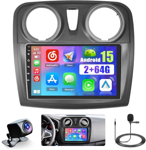 Hikity 2+64G 9 Radio Android para Renault Dacia Sandero 2014-2017 | Wireless Carplay Autoradio 2 DIN GPS Navi Bluetooth WiFi FM/RDS Cámara Trasera DSP EQ Control del Volante 2+64G