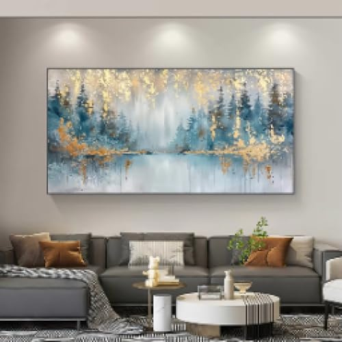 Abstraktes Leinwandgemälde mit Goldfolie, Wald, Blattgold, Landschaft, moderne Wandkunst, Bild, Heimdekoration, Wohnzimmer, 20 x 40 cm, rahmenlos