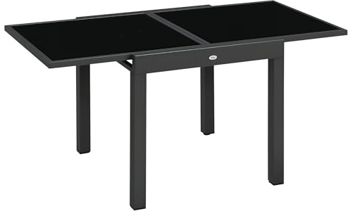 Outsunny Gartentisch mit Klappbarer Tischplatte 160 x 80 x 75 cm Schwarz | Balkontisch, Terrassentisch mit Glas Tischplatte, Esstisch für Garten