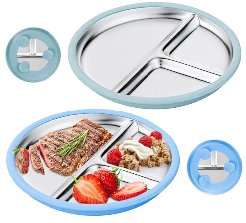 LEKEFETO Juego de 2 platos infantiles de acero inoxidable con ventosa, 23 cm, platos divididos con funda de silicona intercambiable, vajilla irrompible y antideslizante para bebés para familias (azul