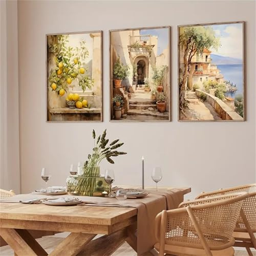 Uixxducc Moderne Poster 3er Set Italien Zitrone Vintage Bilder Wohnzimmer Deko Schlafzimmer Wandbilder ohne Rahmen Kunstdruck Leinwandbild Premium