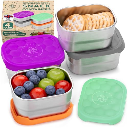 Everusely - Contenedores de acero inoxidable - 240 ml, 4-Pack - Cajas de almacenamiento de alimentos a prueba de fugas con tapas para viajes - Contenedores reutilizables para adultos y niños