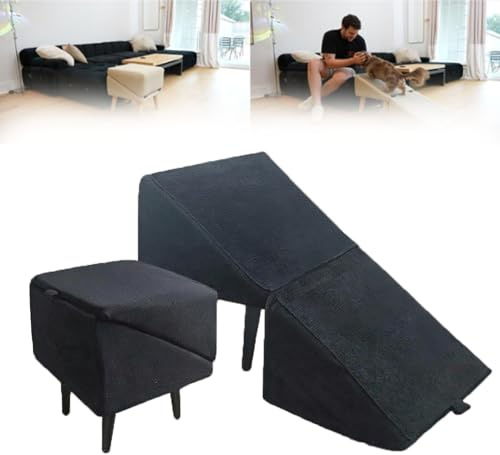 DFANCE Geteilte Ottoman Faltbare Hunderampe, 2-in-1-Sofa-Hunderampe Und Ottomane für Couchbetttreppe,All-in-One-Leichte Faltbare Haustierrampe für Große Kleine Hunde Katzen(Color:schwarz)