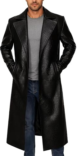 Fashion_First Trench da uomo nero coccodrillo - lunghezza intera in vera pelle giacca lunga con risvolto collare