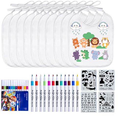 10er Set Baby Lätzchen zum Bemalen, Bemalen Babyparty, 12 Farbige Stifte für Kinder und 4 Malvorlagen, Babyparty Deko Spiele Wasserdicht Lätzchen für Babys Junge Mädchen Babyshower Tiere Malvorlagen