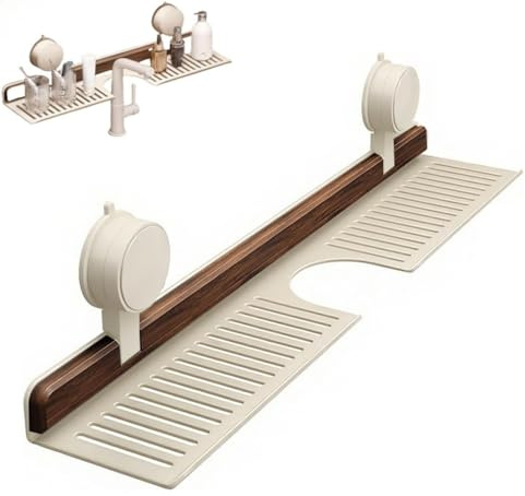 Mensola da bagno con ventosa in noce, montaggio a parete, senza fori, in legno, installazione con ventosa, portante stabile, organizer rimovibile per rubinetto del lavandino per bagno e cucina