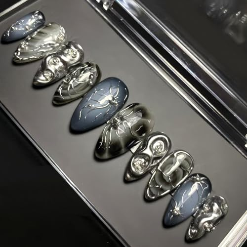 Viugex 30 Stück Press on Nails Mittel Mandel, Schwarz Acryl Nägel zum Aufkleben, 3D Silber Metall Kunstnägel zum Aufkleben, Handgefertigte French Fingernägel Künstliche Nägel für Frauen Mädchen