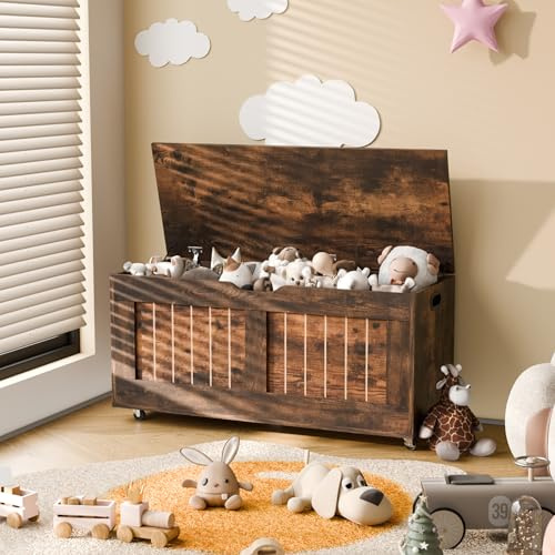 Mondeer Storage Chest, Storage Bench with 4 Wheels, Blanket Box with 2 Safety Hinges Modern Style, for Hallway Bedroom Living Room, 40 x 100 x 49 cm, Rustic Brown