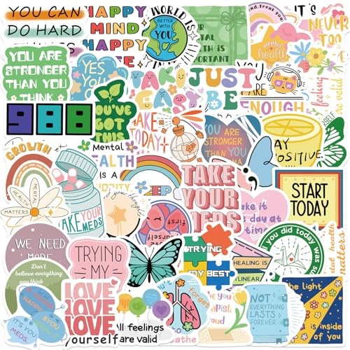 Psychische Gesundheit Aufkleber für Jugendliche Erwachsene 50 Stück Mental Health Vinyl Sticker Set Auto Motorräder Fahrrad Skateboard Snowboard Gepäck Laptop Koffer Helm Motorrad Computer