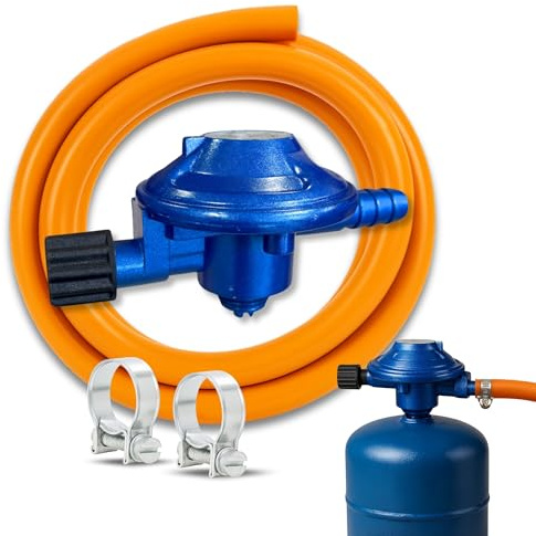 TECHZOCO Kit Completo butano para bombona de butano de Camping + Tubo Goma 1,5 Metros + 2 Abrazaderas Seguridad, Homologado,Apto para aparatos de Gas para Camping, barbacoas y Calentadores