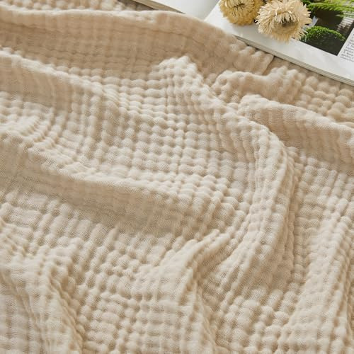 EMME Couverture en Mousseline de Coton pour Grand lit, Couvre-lit en Gaze Respirante, Douce et légère (Beige, 167 x 228,6 cm)