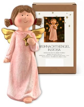 Deko Engel Lilly, rosa 21,5 cm – handbemalte Engelfigur mit goldenem Stern – Weihnachtsengel für Advent & Weihnachten – Schutzengel, liebevolle Dekofigur für Fensterbank, Tischdeko & Geschenkidee