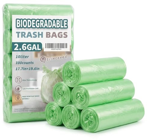 Barpre Biodegradable Bin Bags 10L (100 Count) - Extra Thick Compostable Bin Liners for Food Waste, Strong Corn Starch Rubbish Bags Small, Leak Proof Garbage Sacks for Kitchen Caddy & Bathroom, Green