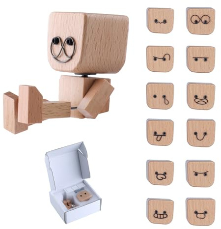 Wbgraceful Shaking Feet Wooden Doll for Car, Shaking Wooden Man Figurine Dashboard Decor with 12 Magnetic Faces, Handmade Creative WoodenDesktop Ornament
