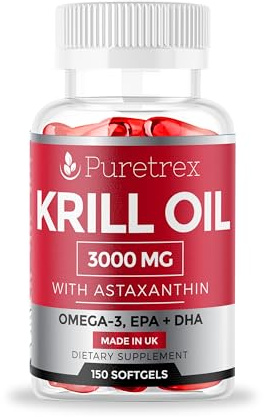 PURETREX Antarctic Krill Oil Capsules 3000mg | 150 Softgels | Omega 3 EPA & DHA with Astaxanthin, Phospholipids & Choline | Heart Brain Joint & Eye Support | No Fishy Aftertaste | Fish Oil Alternative