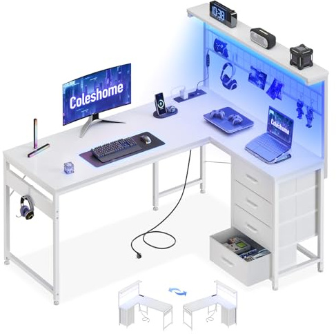 Coleshome Eckschreibtisch mit LED, 130×100 cm, Weiß | Gaming Schreibtisch mit 4 Stoff Schubladen, Gaming Tisch mit Steckdose & USB, Reversibel, für Homeoffice & Gamer