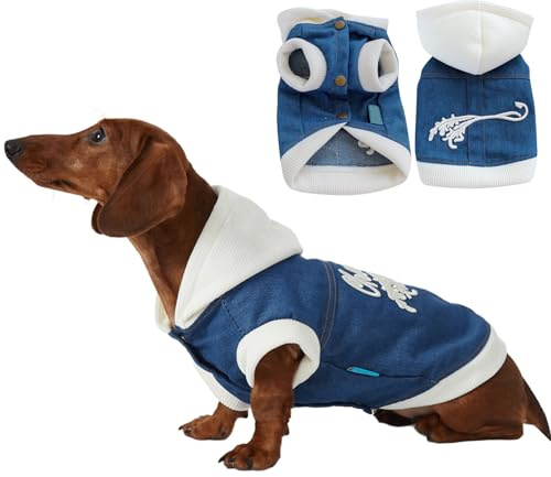 UOSIA Dackel-Hunde-Jeansjacke Mit Kapuze Und D-Ring, Zwei Beinen, Knopf, Modisch, Klassisch, Gewaschener Denim, Welpen-Hoodie-Mantel, Outfits, Mini-Dackel-Overall