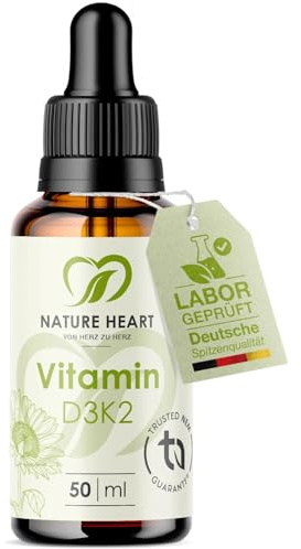 Nature Heart Vitamin D3 K2 Tropfen hochdosiert 50ml – 1.000 I.E. D3 pro Tropfen mit K2 MK7 in MCT-Öl aus Kokos – für Knochen, Zähne, Muskeln & Immunsystem – ohne unerwünschte Zusatzstoffe