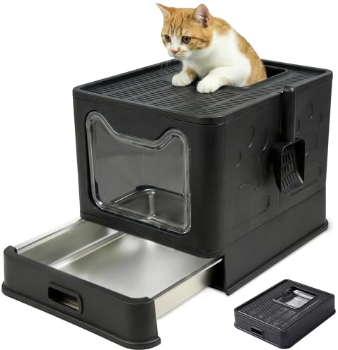 Lettiera gatto acciaio inox – Toilette chiusa con vassoio estraibile Antiodore, antiperdita, facile da pulire – Entrata avanti/uscita superiore – Lettiera gatto con paletta (38,3×51×41 cm),Nero