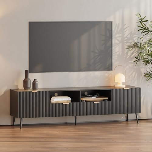 [en.casa] TV Schrank Nand Lowboard mit 2 Türen geriffelt Fernsehschrank mit 2 Schubladen 180 x 40 x 51 cm Sideboard Kommode Fernsehtisch Schwarz