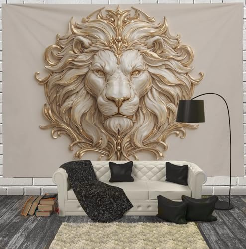 JRISEMECY Tapisserie Murales, Lion Baroque En Relief Beige De Grande Taille Tapisserie Animal Médiéval Imprimé Tenture Murale Tapis De Yoga Couverture Plage Mur Tissu Décor Salon, 150X130Cm