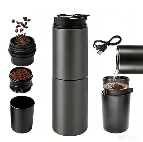 Rinkos Portable Pour Over Coffee Maker with Grinder, All-in-One Grind and Brew Coffee Maker, Single Serve Travel Coffee Maker for Camping Office, Stainless Steel Drip Kettle, Double-Wall Tumbler
