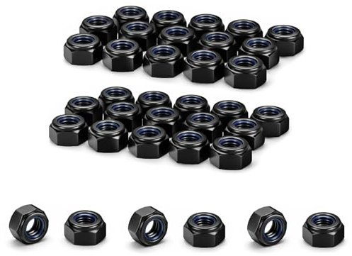 qxayxa 120 Pcs M6 Nylon Insert Hex Lock Nuts, DIN 985, Black Carbon Steel | M6 nylock nuts—DIN 985; with nylon insert; vibration‑resistant for machinery, automotive, bicycles, furniture, DIY.