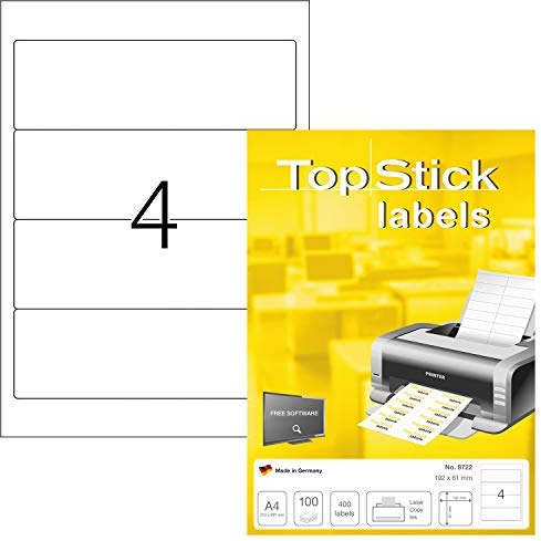 TopStick 8722 Ordnerrücken Etiketten breit kurz, 100 Blatt, 192 x 61 mm, 4 pro A4 Bogen, 400 Stück, selbstklebend, bedruckbar, blickdicht, blanko Papier Ordneretiketten Rückenschilder Aufkleber, weiß
